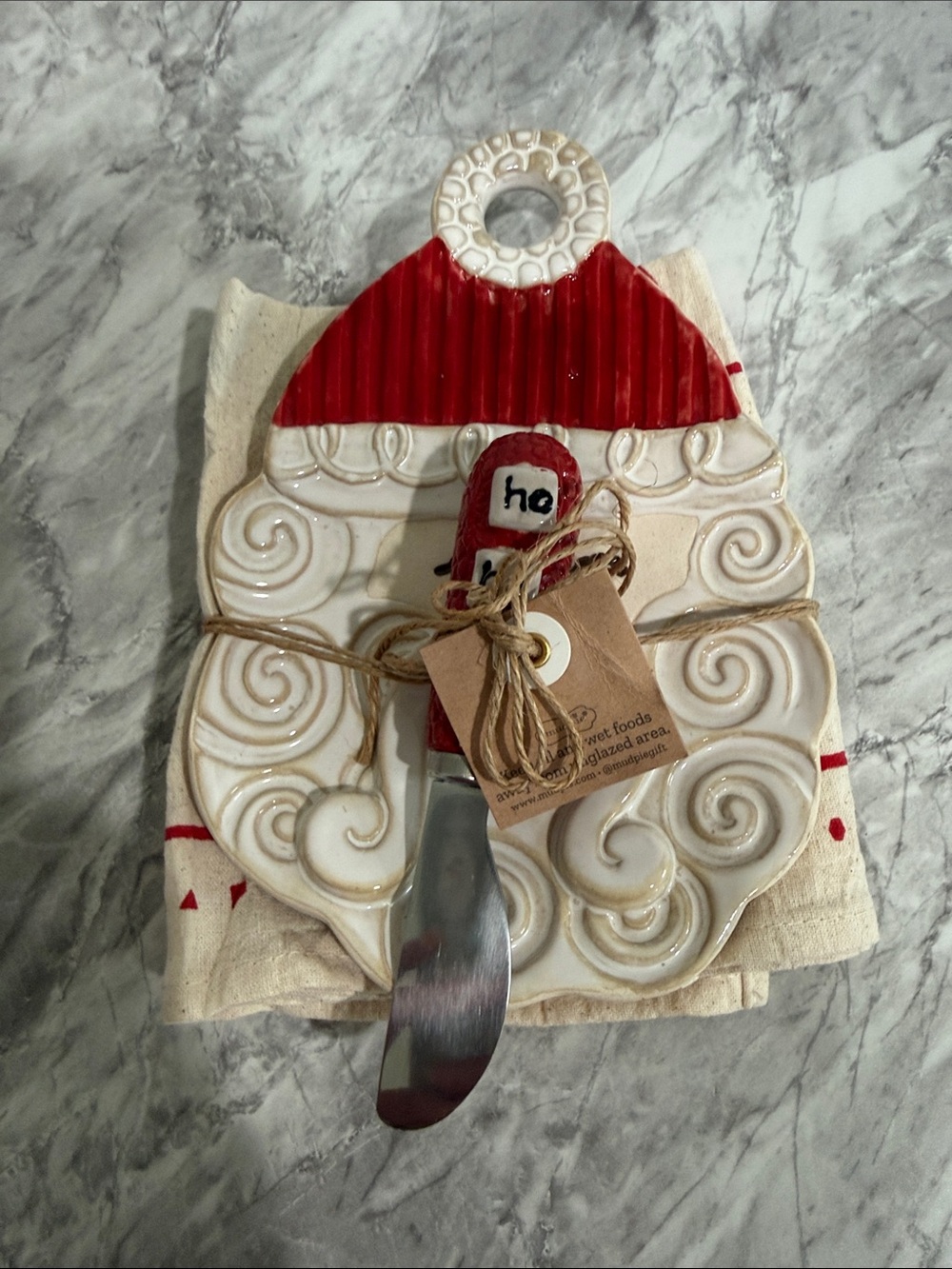 Mud Pie Red and White Santa Cheese Spreader Set Dish Towel Tray Christmas
